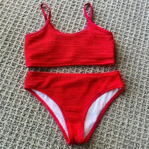 RED TEXTURED BIKINI SWIMSUIT